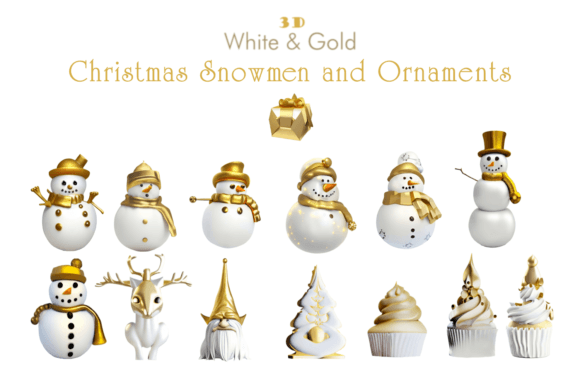 3D White and Gold Christmas Snowmen Set Illustrations