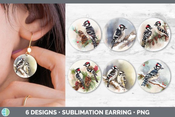 Christmas Downy Woodpecker Round Earring Illustrations
