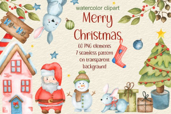 Cute Christmas Clipart Watercolor Kit for Branding and Packaging