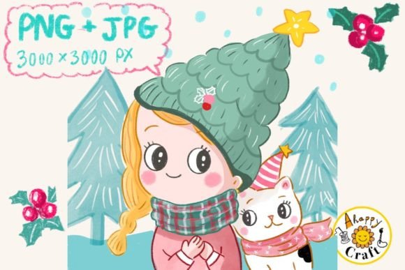 Girl in Pine Tree Hat with Cat Christmas Illustration Review