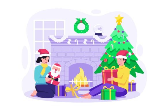 Kids Open Christmas Gifts Illustration Review