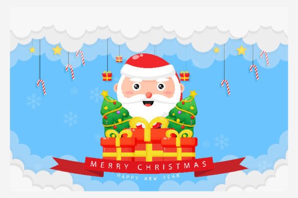 Merry Christmas Card with Santa and Gift Illustration