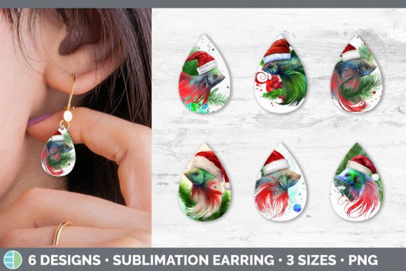 Santa Beta Fish Christmas Teardrop Earring Illustration