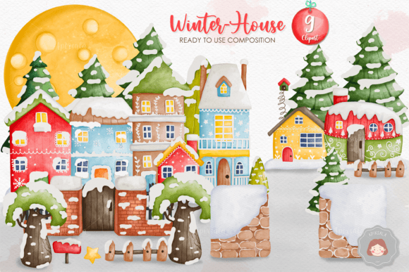 Watercolor Christmas Winter House Illustrations