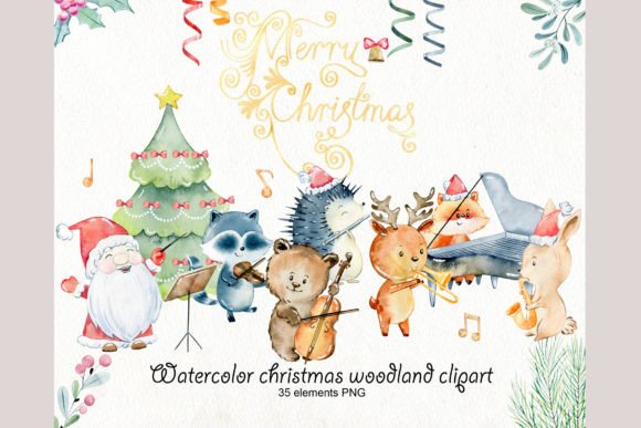 Watercolor Christmas Woodland Clipart for Illustrations