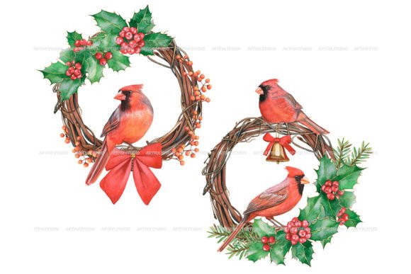 Watercolor Christmas Wreaths with Birds Illustrations