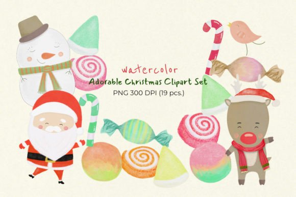 Watercolor Cute Christmas Clip Art Set for Illustrations