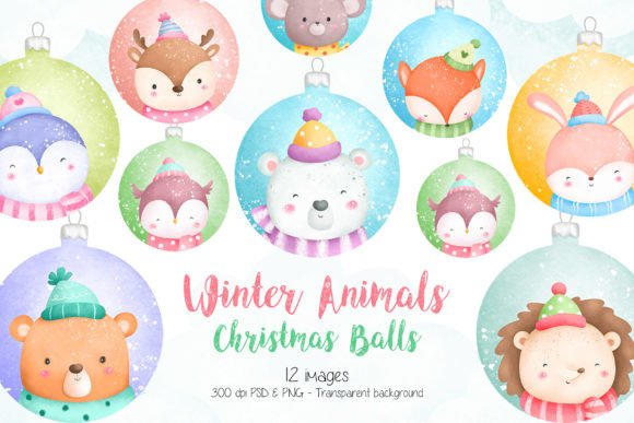 Winter Animals Christmas Ball Ornaments Illustrations
